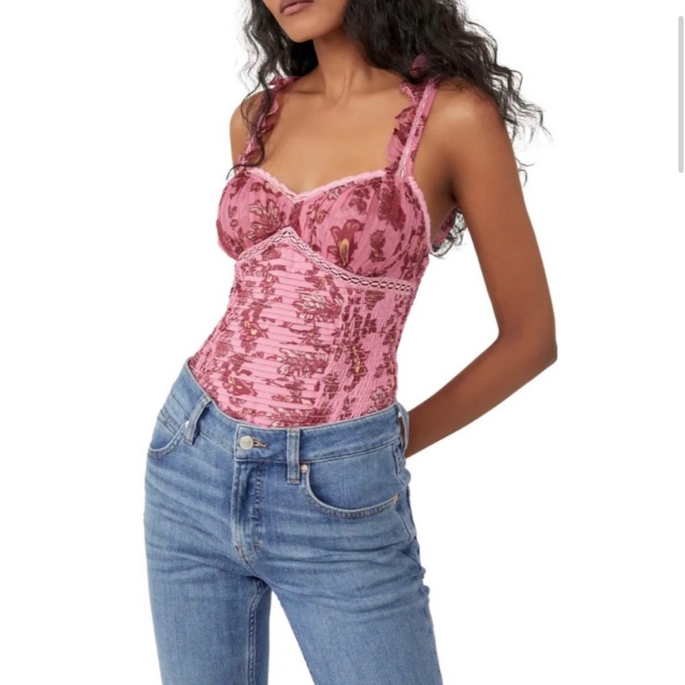 Free People Weekend Plans pink floral ruffled bodysuit NWT